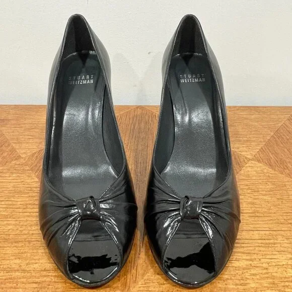 Stuart Weitzman Rita Pump 8M Black Leather High Heels Peep Toes Knot Shoes - Picture 4 of 14